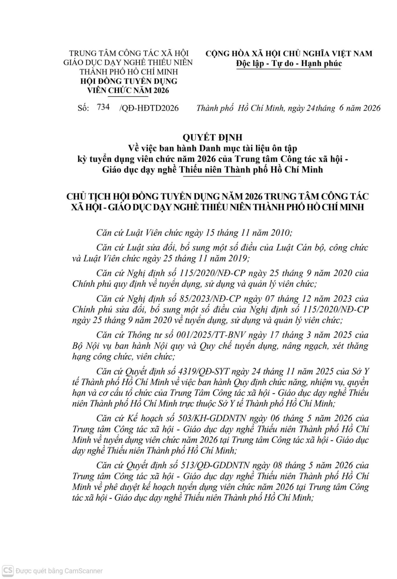 Quyết định ban hành quy chế, nội quy tuyển dụng và danh mục tài liệu.