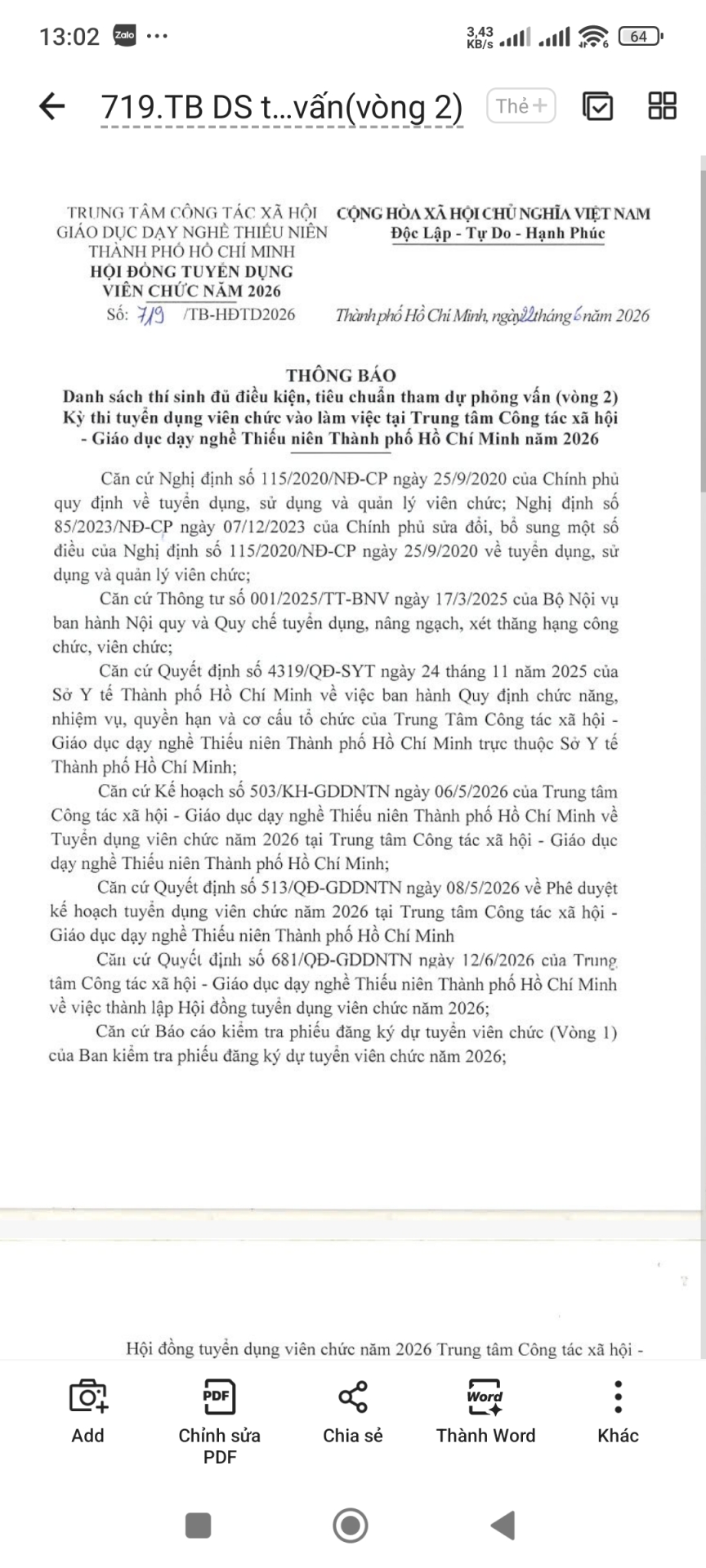 Thông báo danh sách thí sinh đủ điều kiện, tiêu chuẩn tham dự phỏng vấn (vòng 2)-Kỳ tuyển dụng viên chức vào làm việc tại Trung tâm Công tác xã hội - Giáo dục dạy nghề Thiếu niên Thành phố Hồ Chí Minh năm 2026.