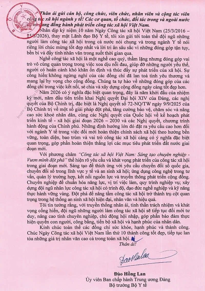 Thư  của Bộ trưởng Bộ Y tế chúc mừng nhân dịp kỷ niệm 10 năm Ngày Công tác xã hội Việt Nam (25/3/2016 – 25/3/2026)
